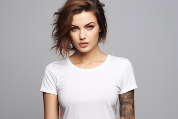 Obraz premium Woman in White Tshirt Mockup created with Generative AI