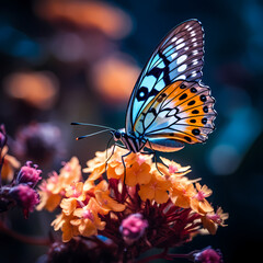 Macro shot of a butterfly resting on a flower.