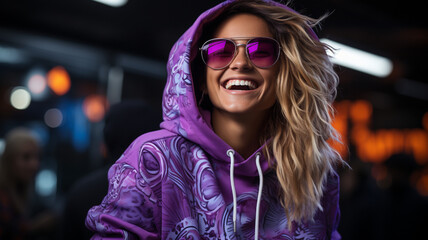 Happy woman points to the side black background purple colors neon