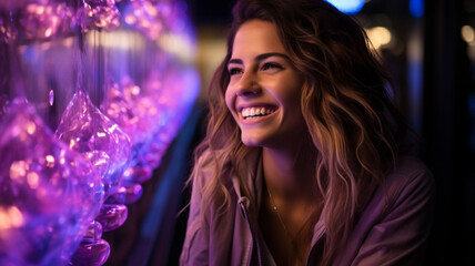 Happy woman points to the side black background purple colors neon