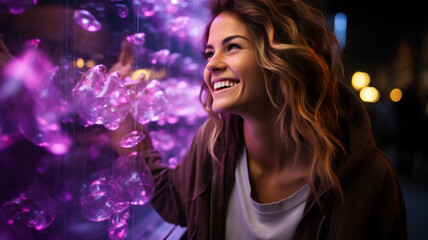 Happy woman points to the side black background purple colors neon