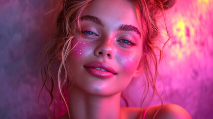 Neon on a dark purple background on the right happy bright girl