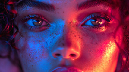 Neon on a dark purple background on the right happy bright girl