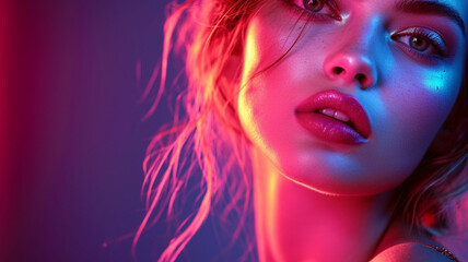 Neon on a dark purple background on the right happy bright girl