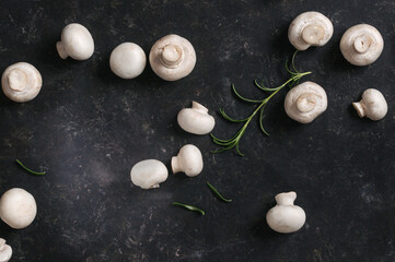 White fresh champignons scattered on a black marble table with sprigs of rosemary. Top view, natural light