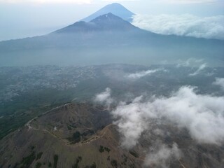 An aerial view of Mount Batur in Bali, Indonesia