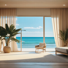 Room in luxury summer beach house with sea view behind curtains.  Minimal natural aesthetic background.