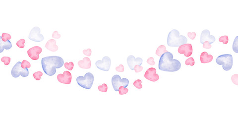 Fototapeta na wymiar watercolor seamless border with heart to Valentine day theme, hand draw illustration of wave from pink and lilac heart, isolated on white background