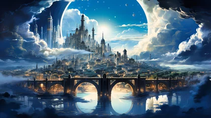 Fotobehang Fantasie landschap Fantasy Skyline Enigma: Architectural Marvels and Surreal Landscape in a Panoramic Illustration of an Imagined City