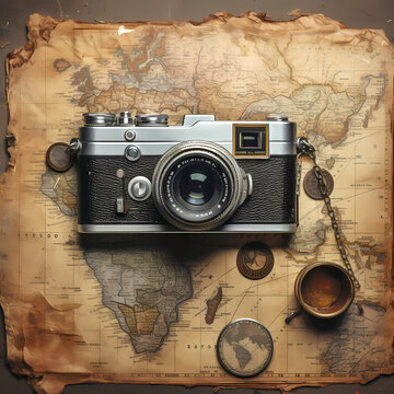 Retro film camera on a weathered map