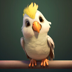Baby cockatiel, bird, on a tree branch, looking curiously at the camera, full body. 3D rendering design illustration.