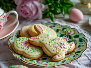 Fototapeta na wymiar Sweet Easter cookies in the shape of a rabbit with ears, with glaze and decorative pattern, in a beautiful plate, on the table with Easter eggs and flowers