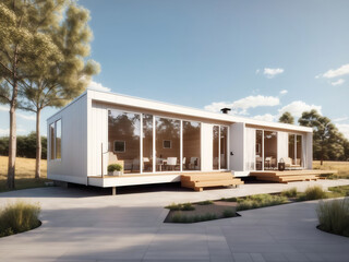 Modular houses with a single-floor design and expansive windows that offer wide views. These houses are constructed using sandwich panels. 3D Rendering