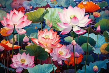 Vibrant summer artwork showcasing blooming lotus flowers and lush leaves. Generative AI