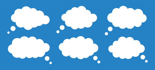 Set of clouds, vector speech bubble collection. Hand drawn white speech balloon, chat bubbles or dialog boxes isolated on blue background. Cute clouds for talk and dialogue. Vector illustration