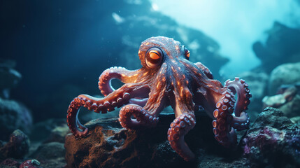 A photo of an octopus sitting on a rock underwater. Generative AI