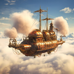 Steampunk airship sailing through the clouds