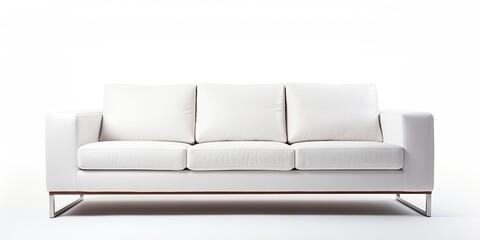 Contemporary white fabric sofa with three seats, isolated on a white background.