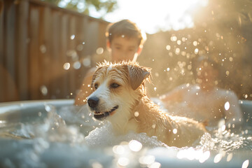 Child and Dog Playing in Pool Summer Fun