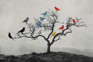 Mind's Activity: Lone Tree with Colorful Birds Collage

