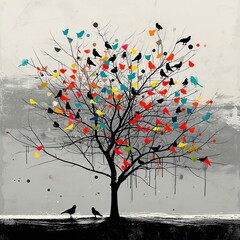 Mind's Activity: Lone Tree with Colorful Birds Collage

