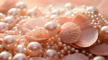 Pearls in shades of peach are scattered among the shells, banner, copy space