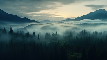 Evening dense foggy forest with high mountains in distance. Mysterious and atmospheric forest landscape. Generative AI