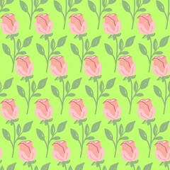 Seamless pattern with pink roses on a green background. Vector illustration.