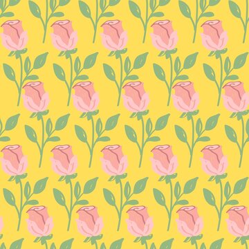 Seamless pattern with pink roses on yellow background. Vector illustration. © APHIDAT