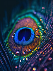 Naklejka premium peacock feather, emphasizing the iridescent eye pattern, with droplets of water on its surface, reflecting light