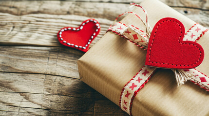 Elegant Gift with Festive Red Heart Decoration.
Elegant brown paper gift tied with a festive red ribbon and heart decoration on a rustic wooden surface.
