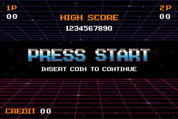PRESS START INSERT A COIN TO CONTINUE .pixel art .8 bit game. retro game. for game assets .Retro Futurism Sci-Fi Background. glowing neon grid. and stars from vintage arcade computer games - obrazy, fototapety, plakaty