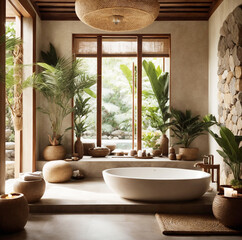 Luxurious bathroom in jungle surrounding. Luxury interior bathroom modern bathtub and green exotic plants palms leaves in villa. Bali hotel spa concept. Exotical vacations, body and skin care concept