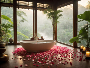 Luxurious bathroom in jungle surrounding. Luxury interior bathroom modern bathtub and green exotic plants palms leaves in villa. Bali hotel spa concept. Exotical vacations, body and skin care concept