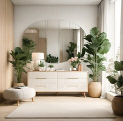  Elegance baige light colors stylish bedroom in daytime.  Comfortable fullwall windor room with modern simply minimalism style furniture, home plants and big mirror.  Real estate and interior design.