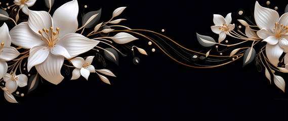 Background with Luxury golden lily flower Close-up of white lily flowers on black background. Condolences postcard.