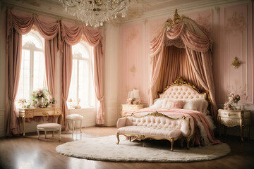 Princess bedroom in a royal house complete design with luxurious furnishing. - obrazy, fototapety, plakaty