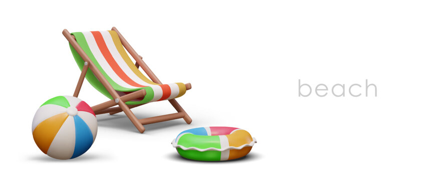 3D folding chair, inflatable ring, beach ball. Color vector illustration on white background with shadows. Goods for recreation on beach. Advertising of store of summer toys and water accessories