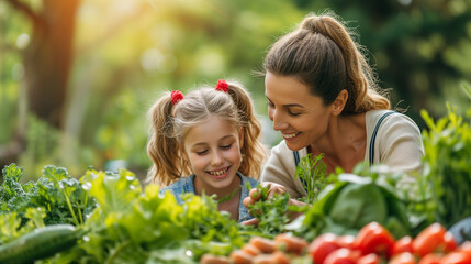 Mother and daughter having fun with the vegetables, Happy time in the kitchen, Cooking Success. Joyful Mom And Little Daughter Preparing Dinner And Giving High Five, Having Fun In Modern Kitchen 