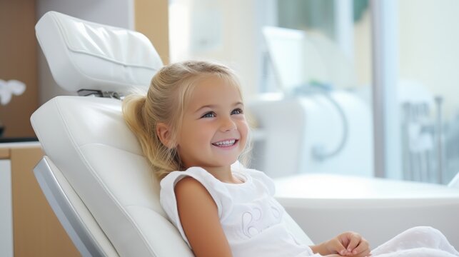 A beautiful child sits in a dental clinic with a joyful smile, adorned with snow-white and healthy teeth. Generative AI