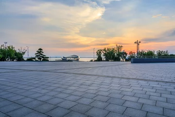 Foto auf Acrylglas Empty square floor and sky clouds natural landscape at sunset © ABCDstock
