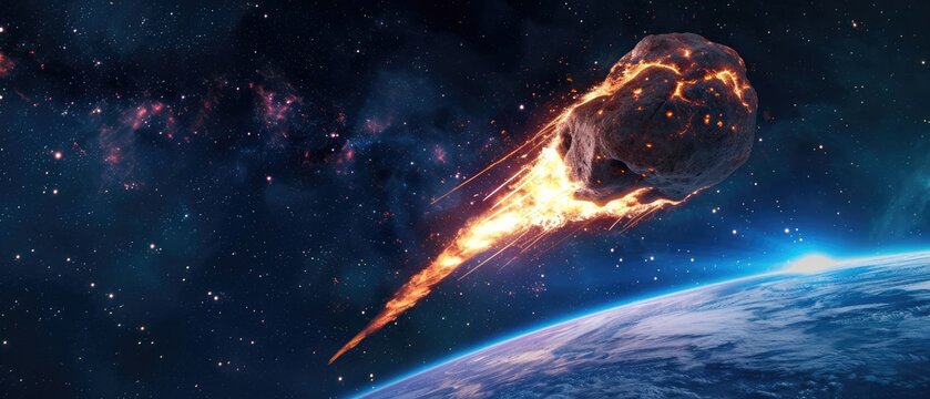 a huge gigantic burning asteroid in space flyng towards the planet earth, meteorite