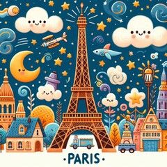 Paris Tower cartoon vector design,colorful illustration background,drawing art child painting,AI generated