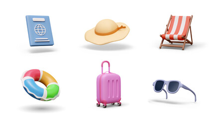 Set of tourist items. Vacationer accessories. 3D passport, sun hat, folding chair, plastic suitcase, sunglasses, inflatable color ring. Isolated vector