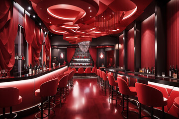 Red indoor interior night club VIP luxury design decoration. Part drink bar restaurant night club night lifestyle design. - obrazy, fototapety, plakaty