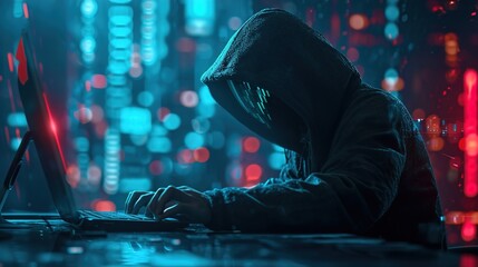 shadow crime on the dark web internet hologram of a digital hacker concealed in computer space launching a hacker virus attack, generative ai