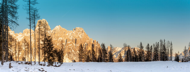 Dolomites, Italy - Panorama of Pale di San Martino in late afternoon light in winter - banner format - 712453861
