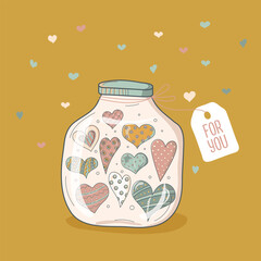 jar with hearts. Valentine's Day. Design for wedding invitations and Valentine's Day. Jar.Harts. Symbol of love. Hand-drawn. Vector illustration.
