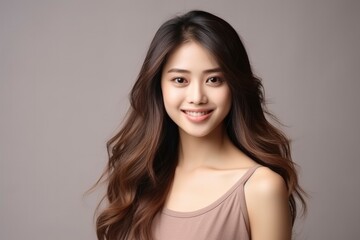 Obraz premium Portrait of beautiful Asian girl on light background. Young attractive Japanese woman with long hair smiles and looks at the camera. Cosmetology, beauty, fashion