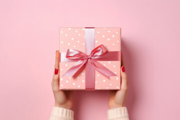 Hands of young woman holding beautiful gift box with pink ribbon on pink background flat lay. Surprise gift in hands close-up. Congratulations on the holiday, March 8, Mother's Day